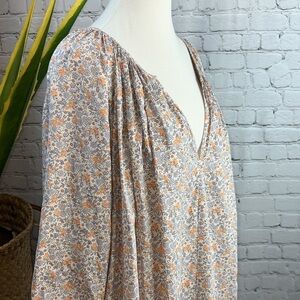 H&M Tiny Floral Print Cotton Shift Dress With Puff Sleeves & V-Neck, Siz…